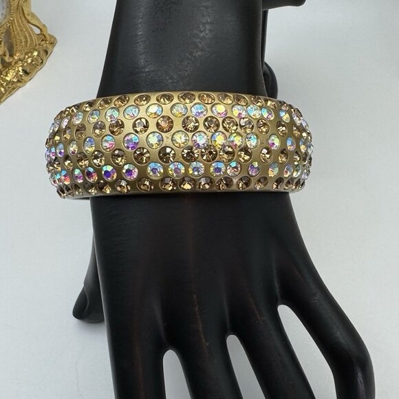 Chunky Gold Lucite Acrylic & AB Rhinestones Encrusted Bangle Bracelet Wide Cute - Picture 1 of 7